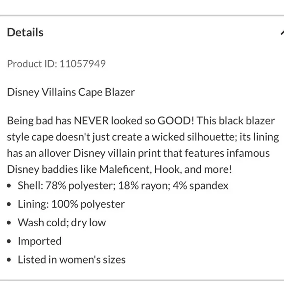 Disney Villains Black Cape Blazer With Printed Lining of Villains Size MED - Picture 10 of 10